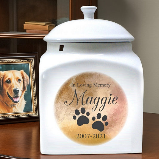 In loving memory personalized ceramic pet urn with paw prints and custom pet name Maggie
