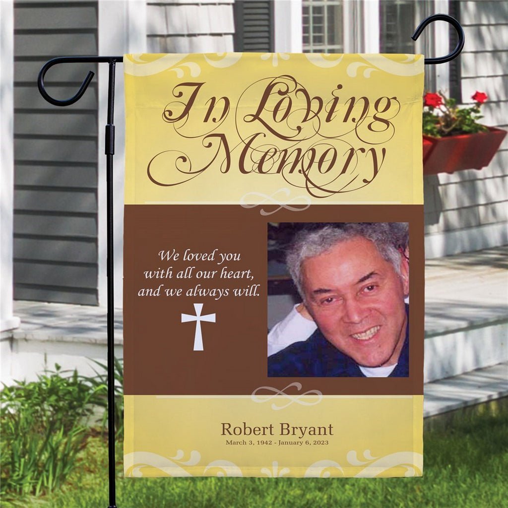In loving memory photo garden flag with personalized memorial design and photo