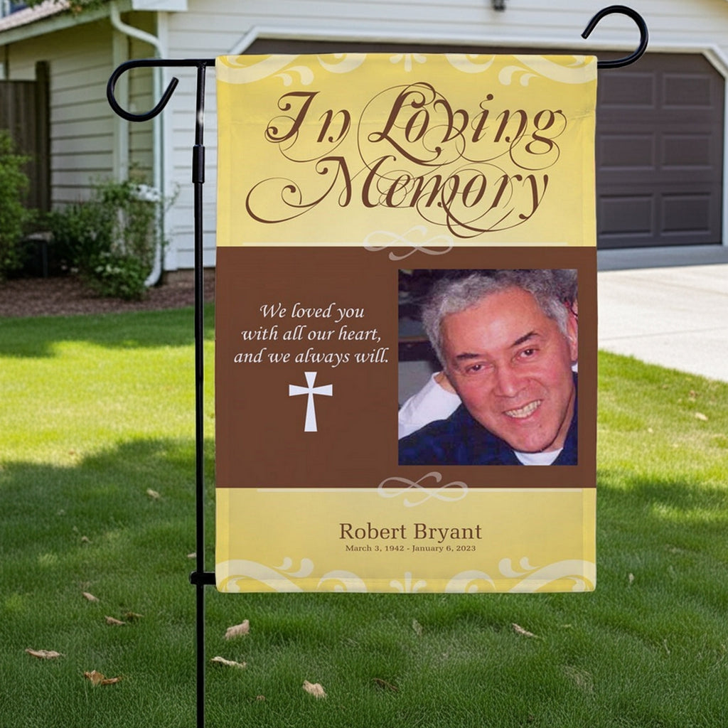 In loving memory photo garden flag with customizable tribute and personalized name