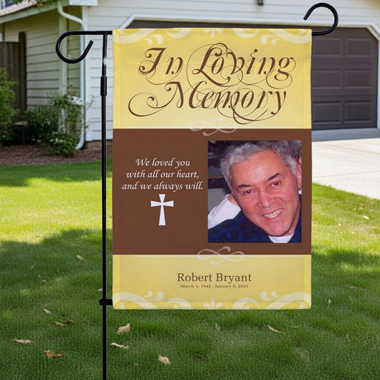 In loving memory photo garden flag with customizable tribute and personalized name