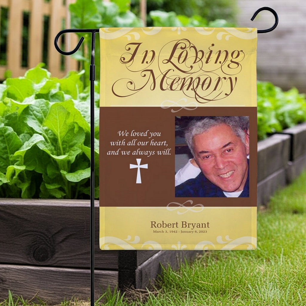 In loving memory photo garden flag with personalized tribute and photo