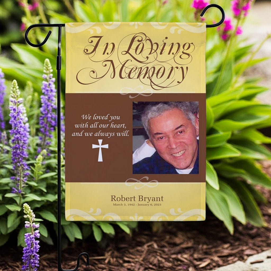 In loving memory photo garden flag with a tribute and photo of Robert Bryant