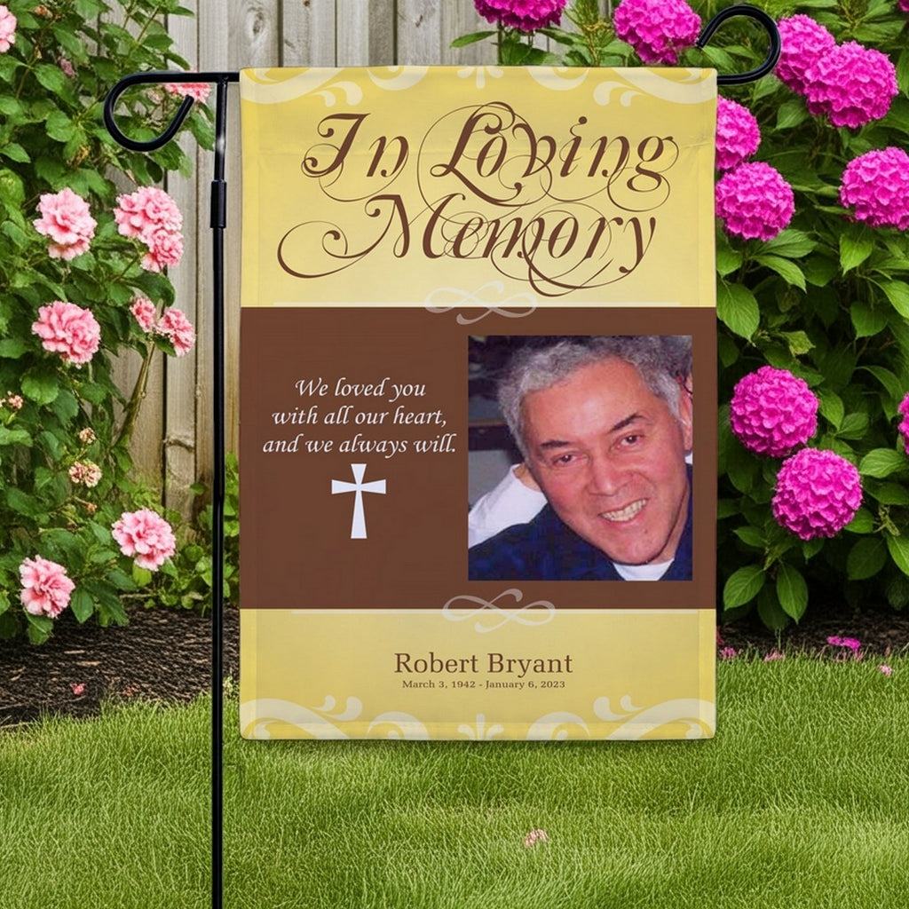 In loving memory photo garden flag with personalized tribute and photo display