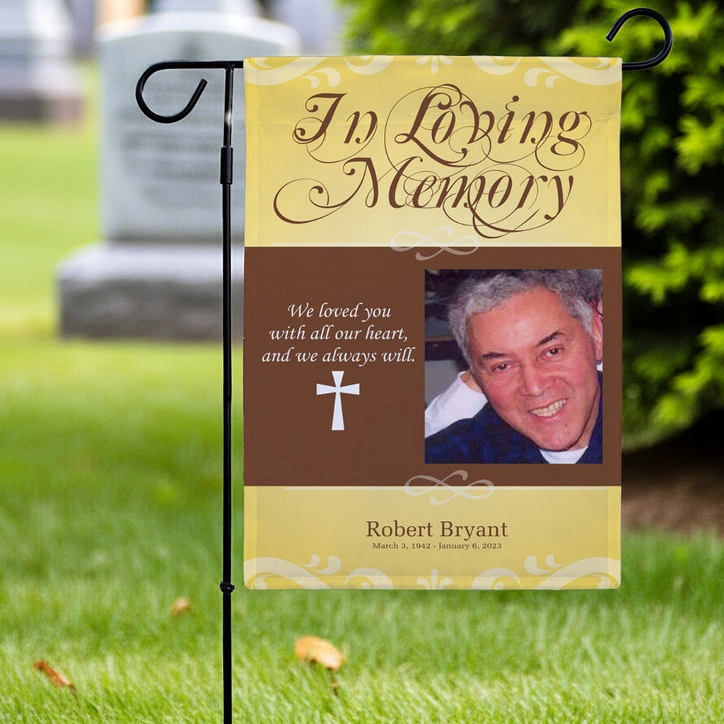 In loving memory photo garden flag featuring tribute text and photo for memorial display
