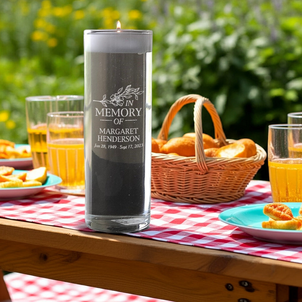 In memory of personalized memorial candle by Pro Gift Source on picnic table with basket and drinks
