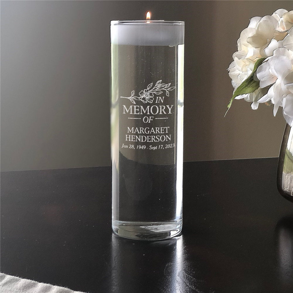 In memory of personalized memorial candle with floral design and custom name by Pro Gift Source