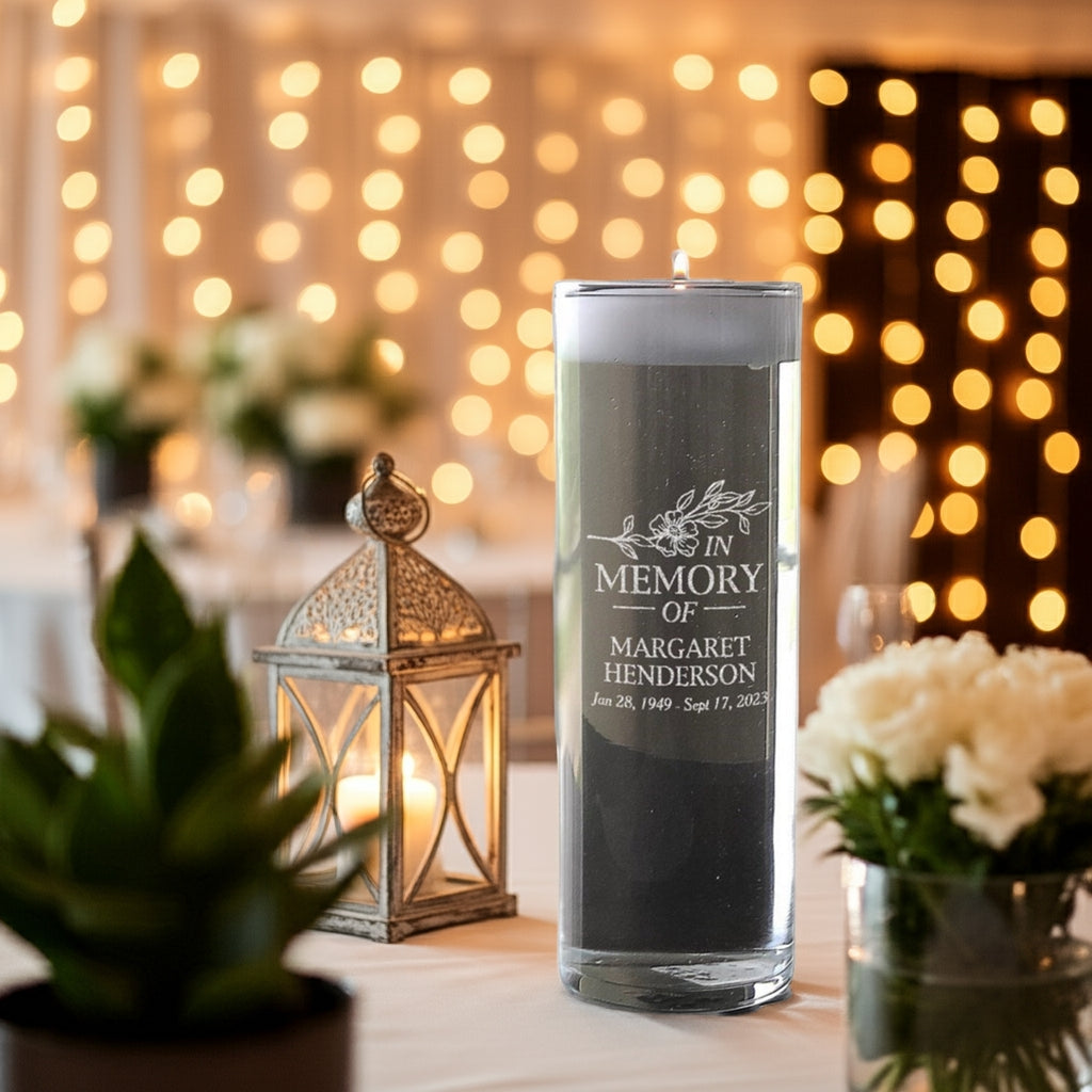 In memory of personalized memorial candle by Pro Gift Source with floral engraving on glass