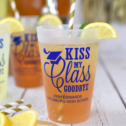 Large frosted plastic cup personalized for graduation with "Kiss My Class Goodbye" design, graduate name, and school name in reflex blue