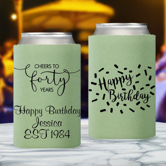 Sage neoprene can cooler sleeves pesonalzied for 40th birthday party with cheers to forty years design and 3 lines of text on front side and happy birthday confetti design on back side in black print