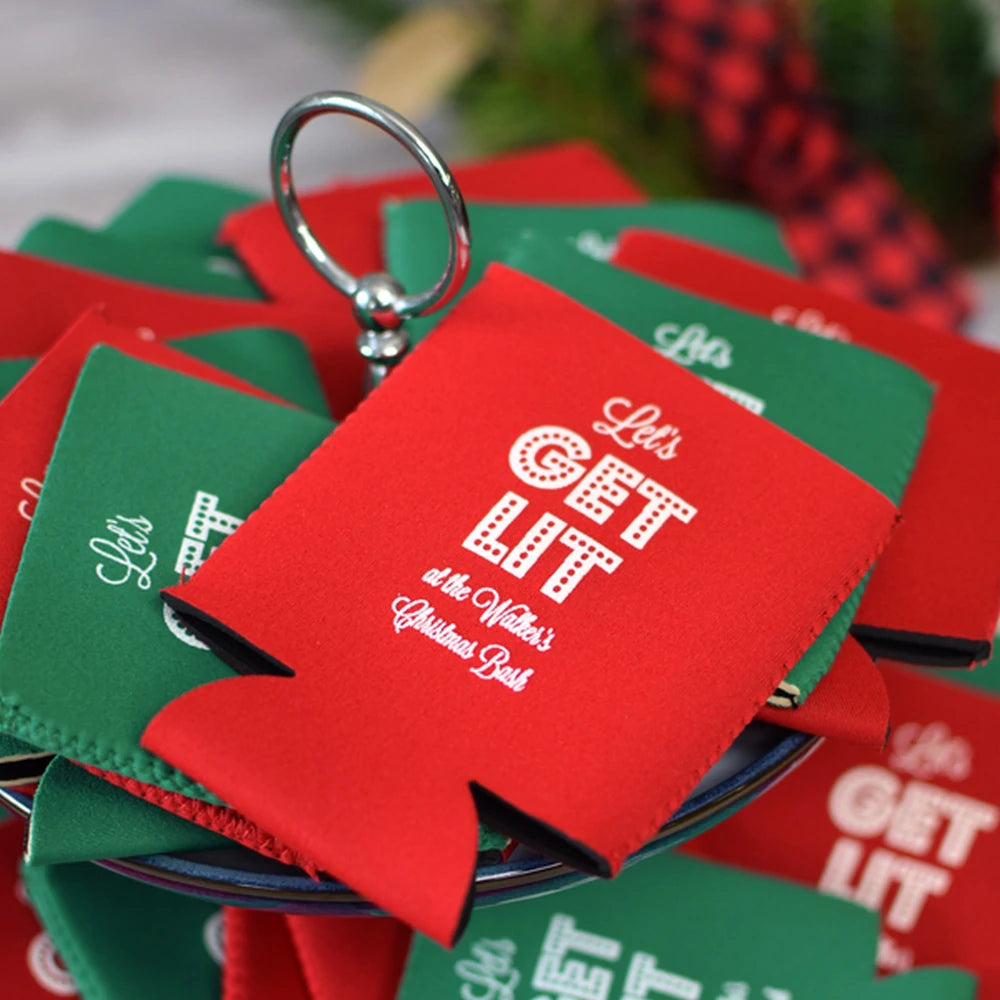 Red and Green Christmas beer can koozies personaized with lets get lit design and custom message in white print