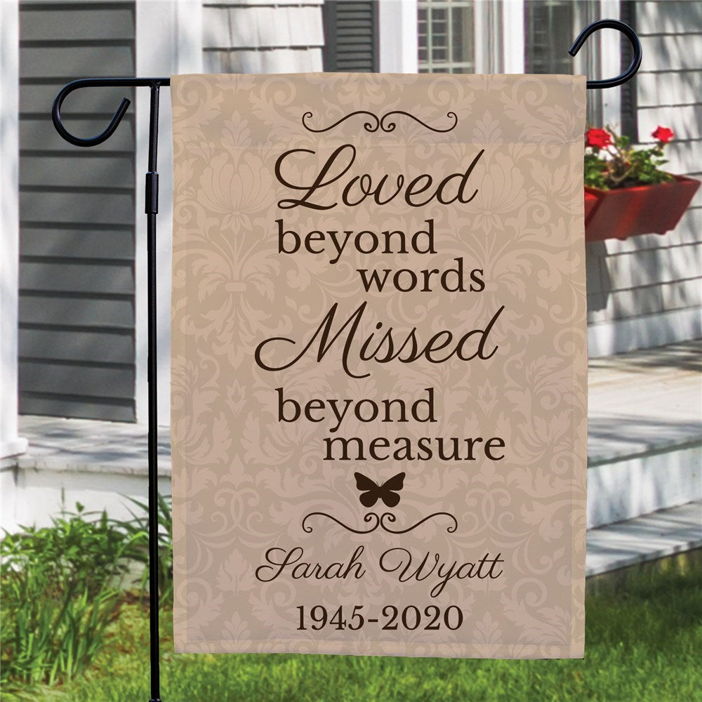 Loved beyond words personalized memorial garden flag with butterfly design and custom name and dates
