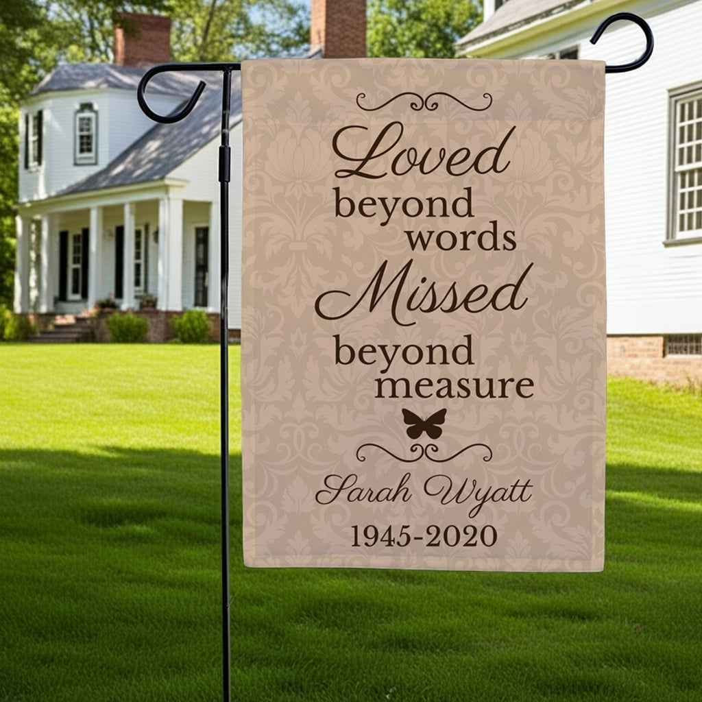 Loved beyond words personalized memorial garden flag with name and dates