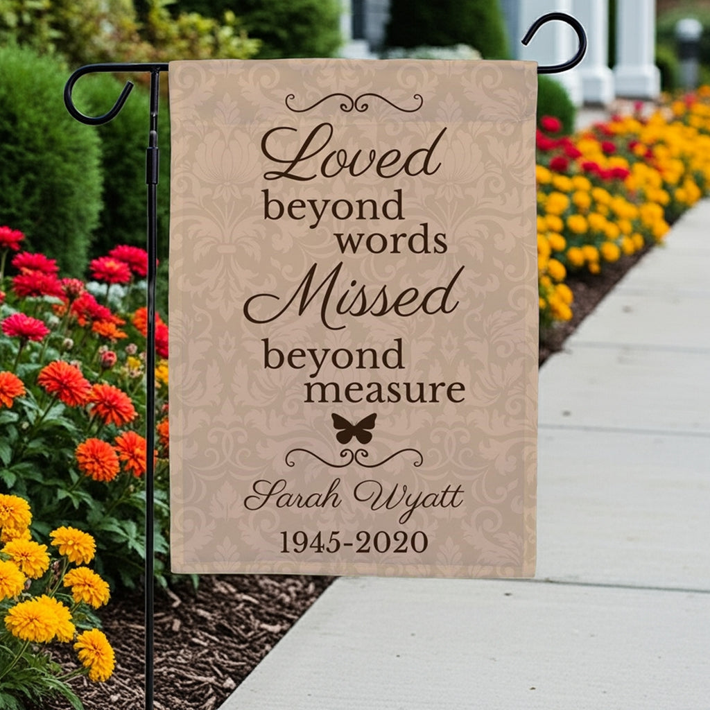 Loved beyond words personalized memorial garden flag with butterfly design and custom name