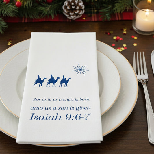 Luxury linen feel Christmas dinner napkins personalized with a nativity design with biblical verse