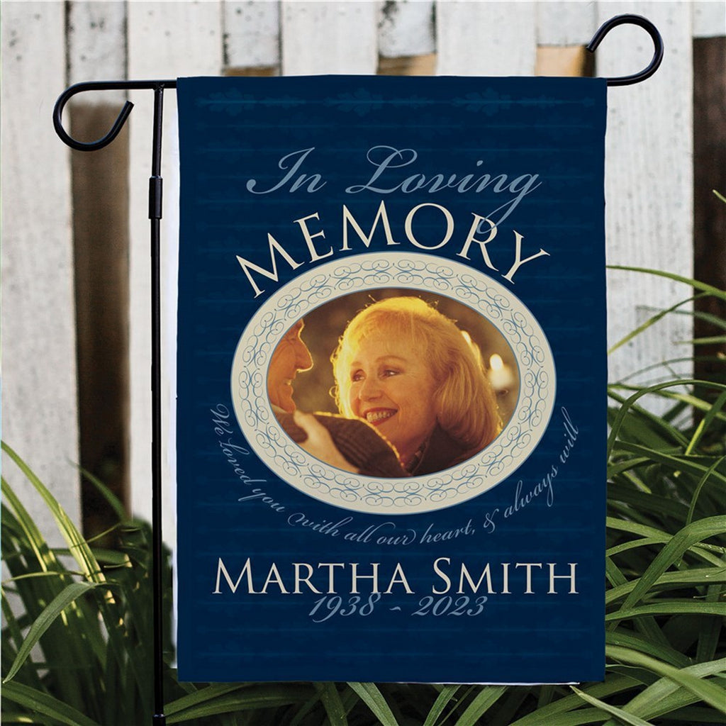 Memorial photo personalized garden flag with loving memory tribute and custom name