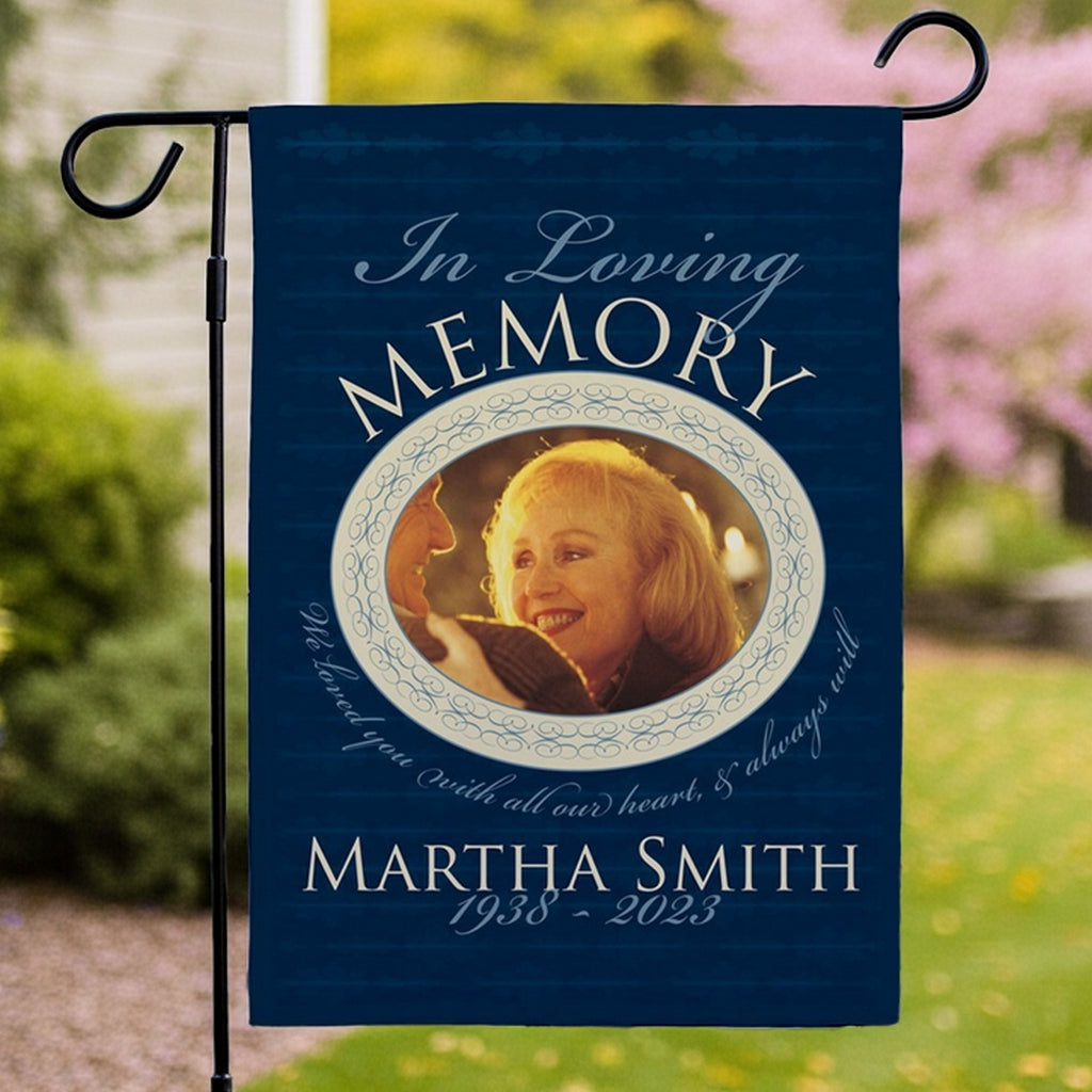 Memorial photo personalized garden flag with loving memory tribute and custom photo for Martha Smith