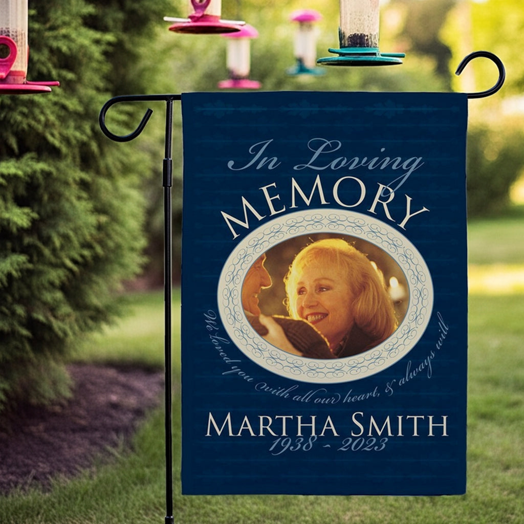 In loving memory personalized garden flag with photo and custom text