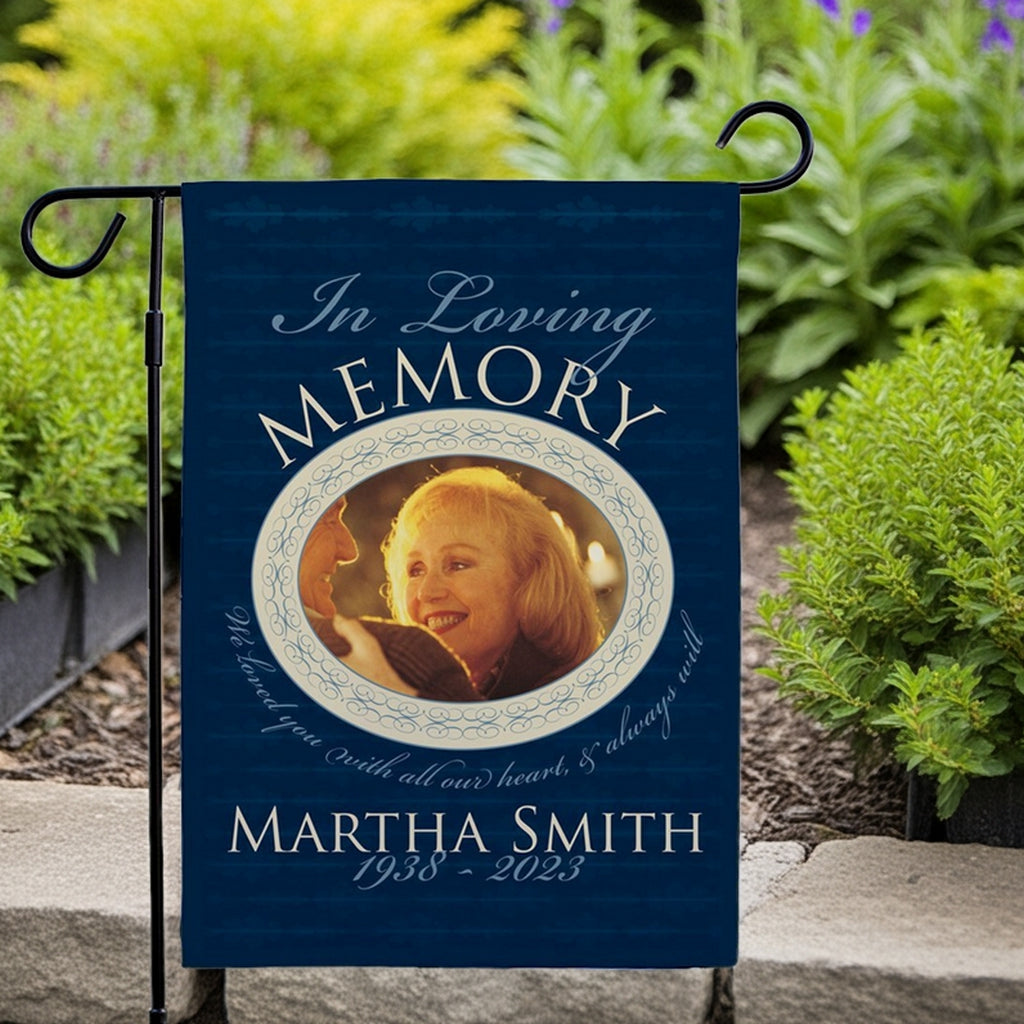 Memorial photo personalized garden flag with loving memory text and photo frame on blue background