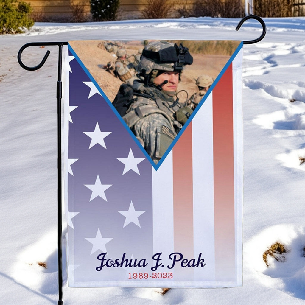 Military photo personalized garden flag with American flag design and custom name Joshua J. Peak