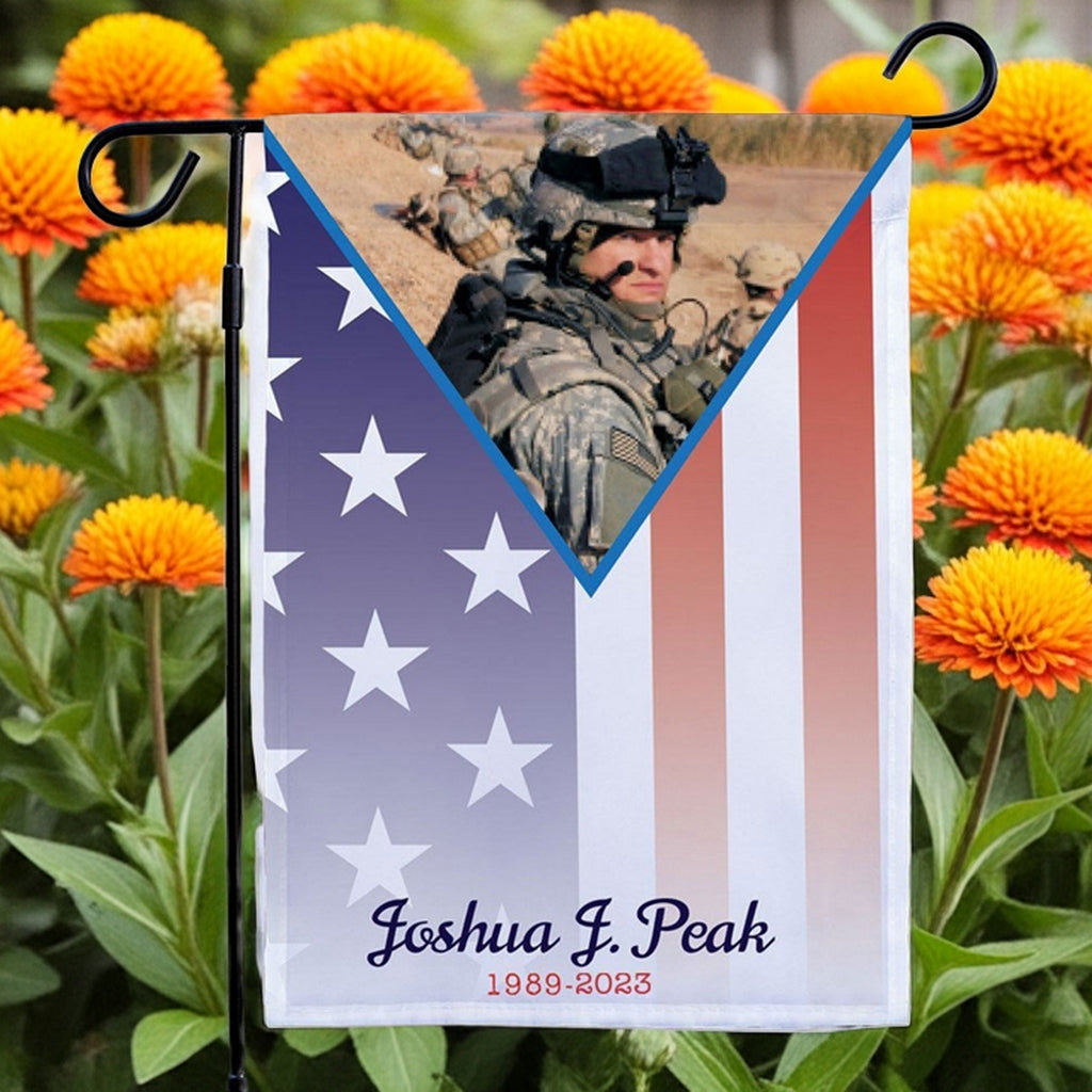 Military photo personalized garden flag with American flag design and soldier picture