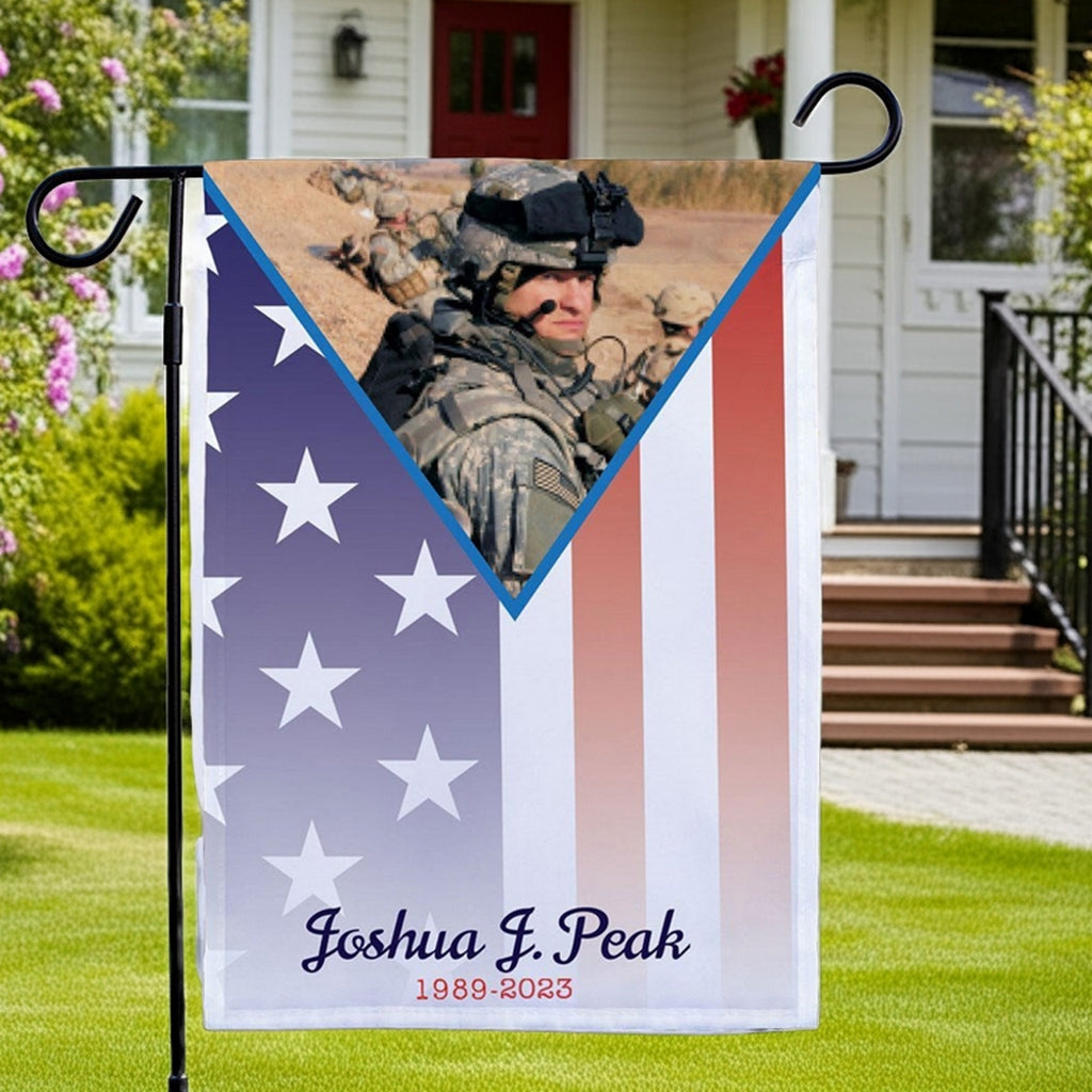 Military photo personalized garden flag featuring soldier image and American flag background