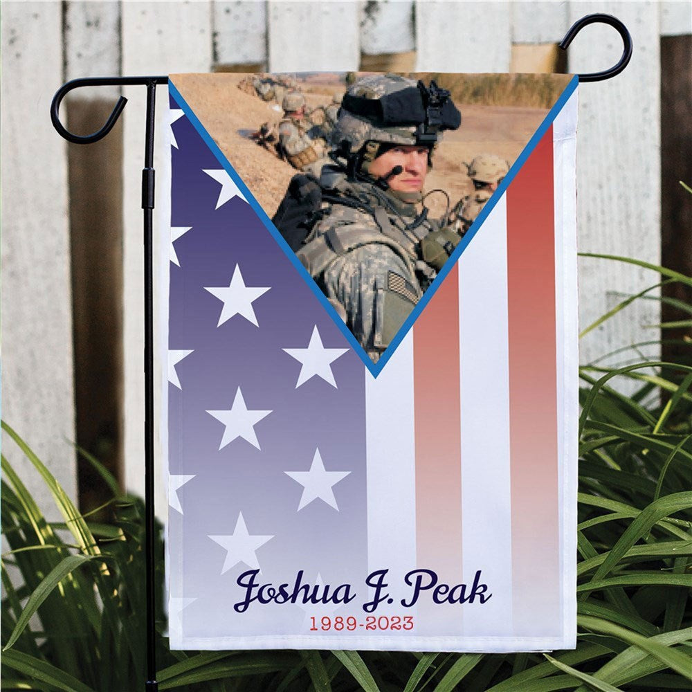 Military photo personalized garden flag with American flag design and soldier image