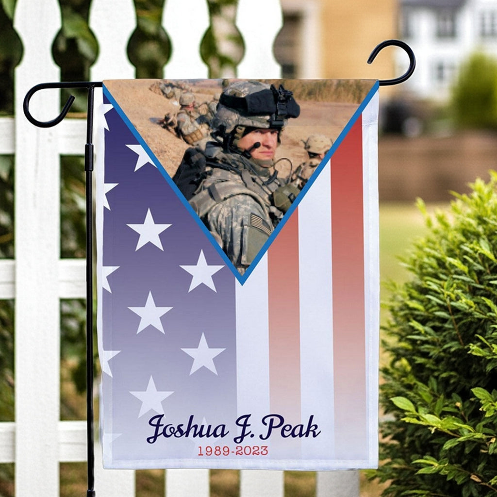 Military photo personalized garden flag with American flag design and custom name