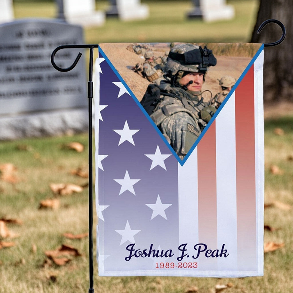 Military photo personalized garden flag with soldier image and American flag design