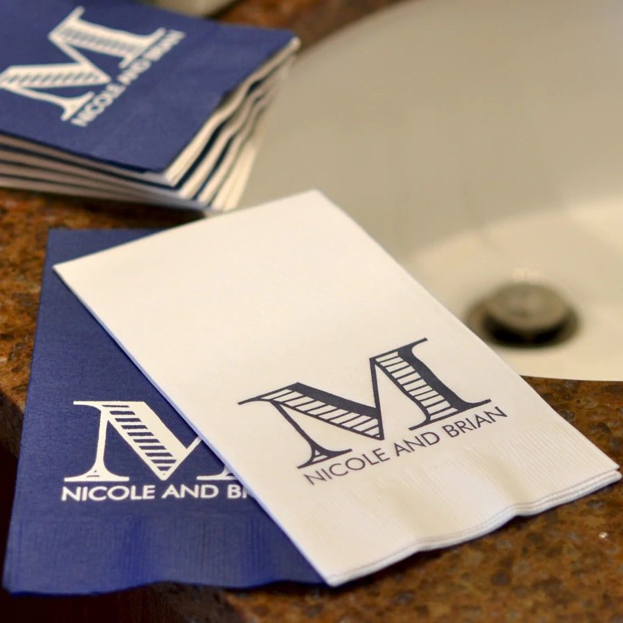 White and Blue Personalized 1/8 fold 3-ply paper hand towels personalized with custom intitial and bride and groom's name for for wedding reception guest rooms and reception hall restrooms