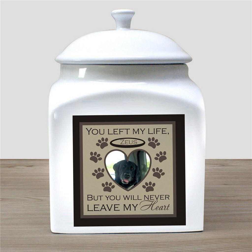 White personalized photo pet urn with heart-shaped photo and paw print design