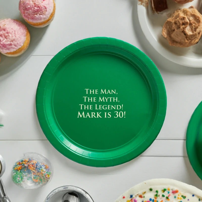 Green paper birthday cake plate personalized for 30th birthday with custom text in ivory print