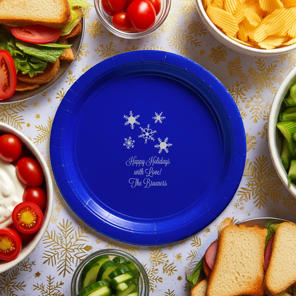 Blue paper Christmas dinner plates with snowflake design for festive holiday gatherings