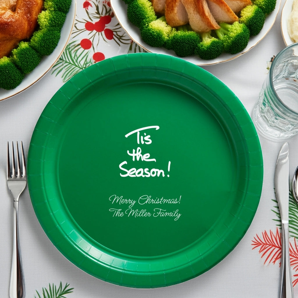 Green paper Christmas dinner plates with festive greeting for holiday gatherings by Tippytoad