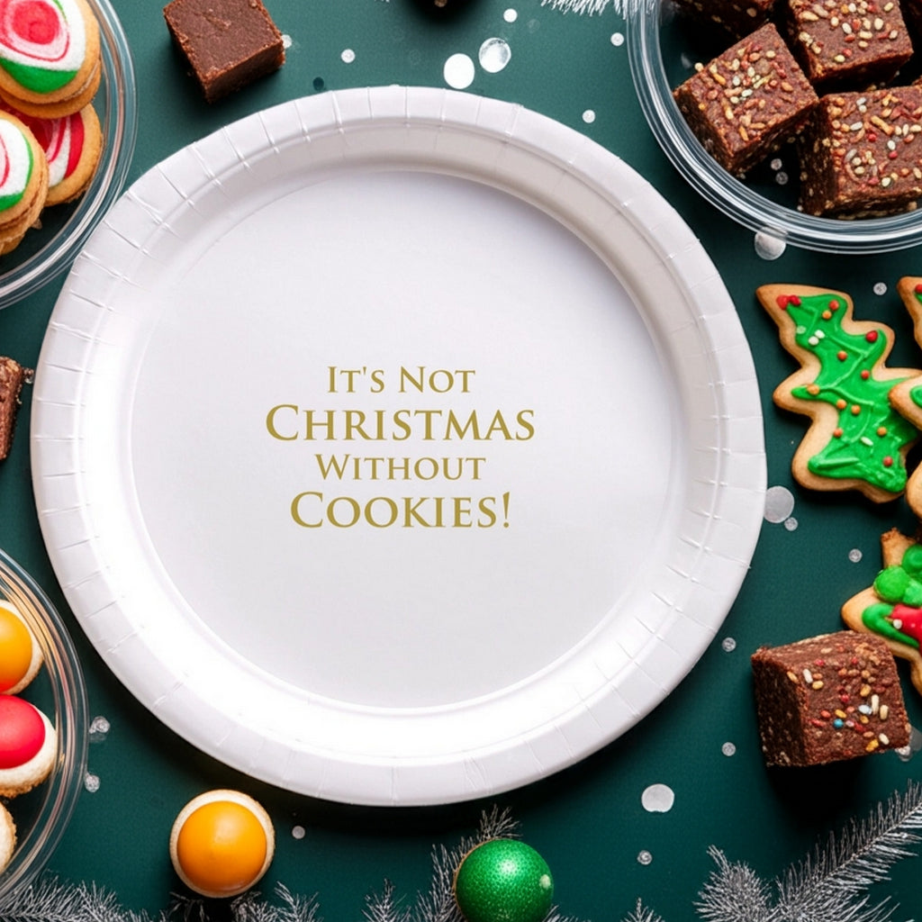 Tippytoad paper Christmas dinner plates featuring a festive message about cookies
