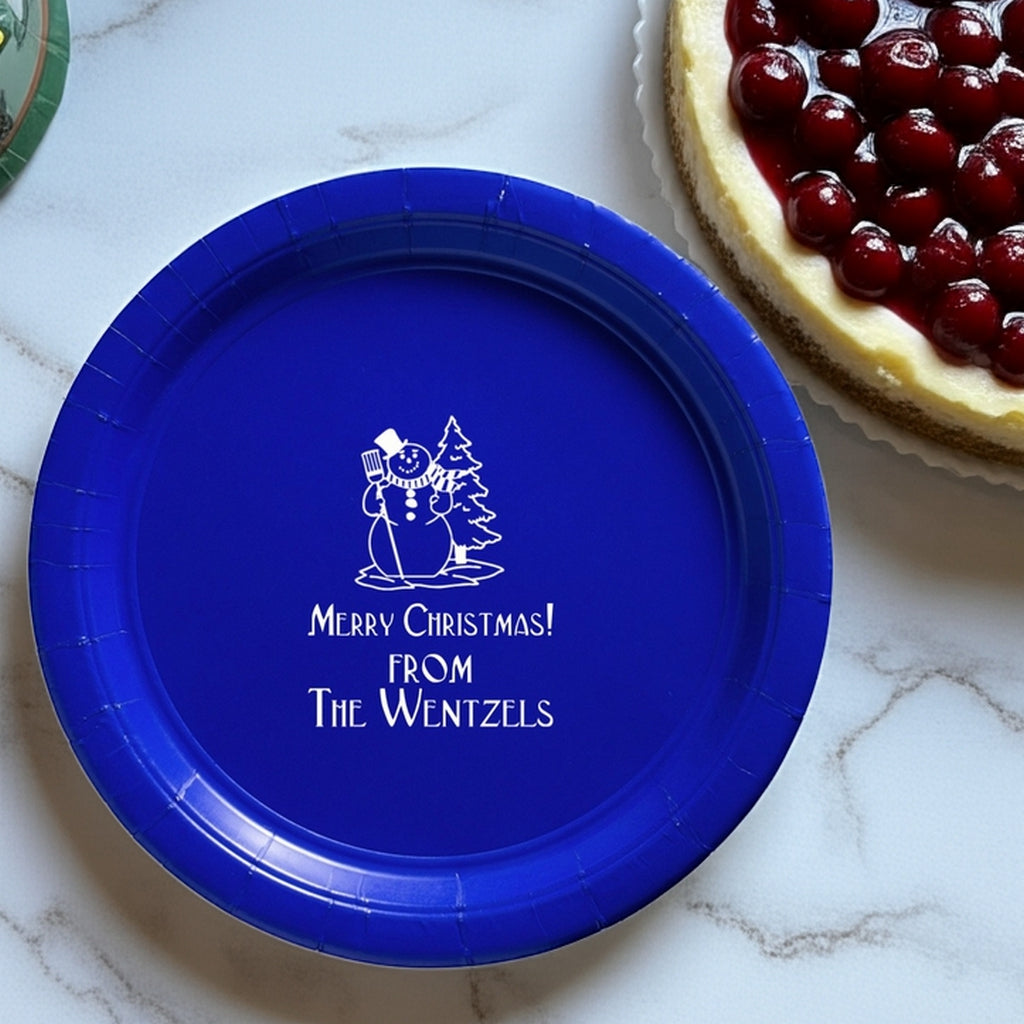 Blue paper Christmas plates with festive snowman design for holiday celebrations