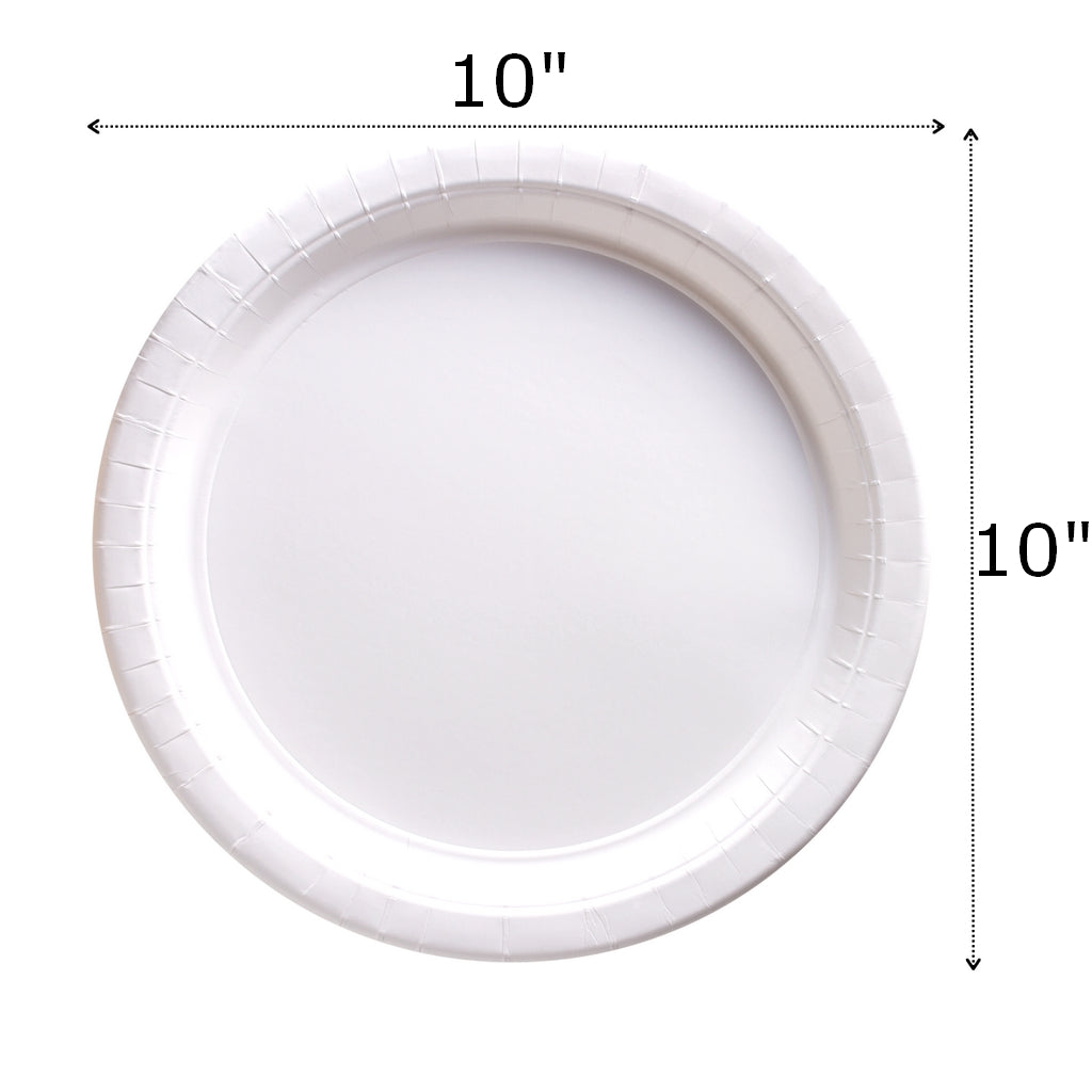 White paper dinner plate displaying dimensions 10 inches wide by 10 inches long