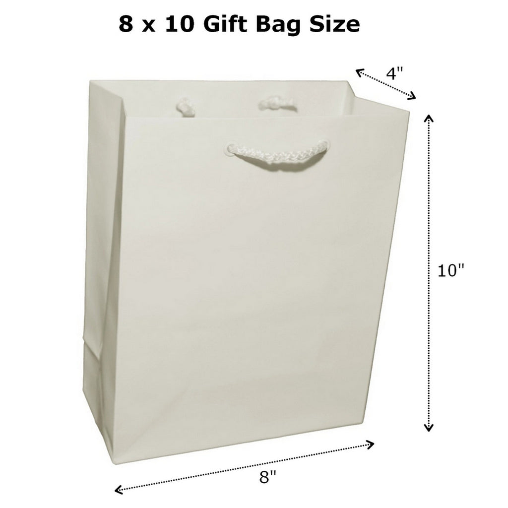 White 8x10 paper euro tote bag displaying dimensions 10 inches high by 8 inches wide by 4 inches long