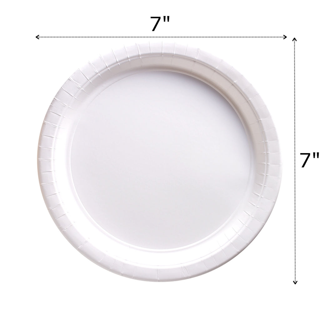 White paper party plate dislaying dimenstions 7 inches wide by 7 inches long