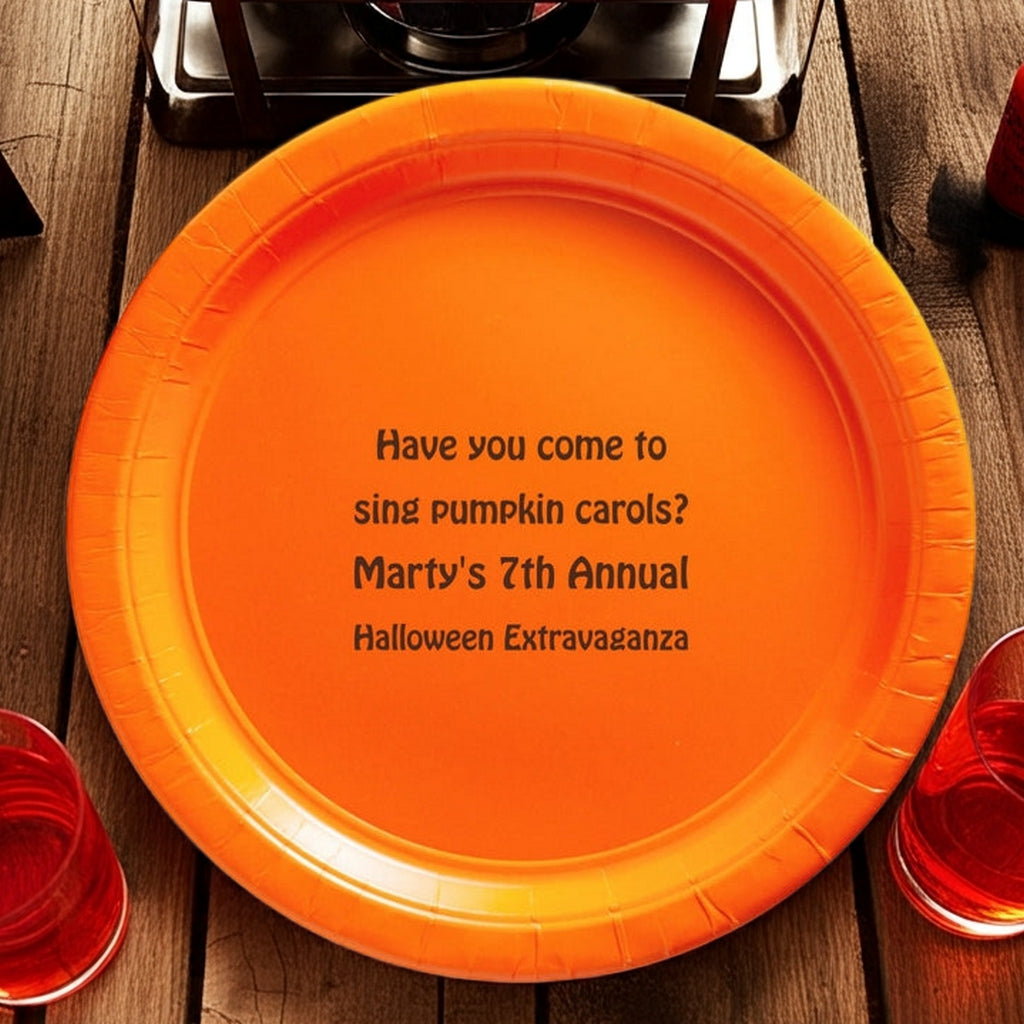 Orange personalized plate with black text for party on wooden table custom printed paper Halloween dinner plates