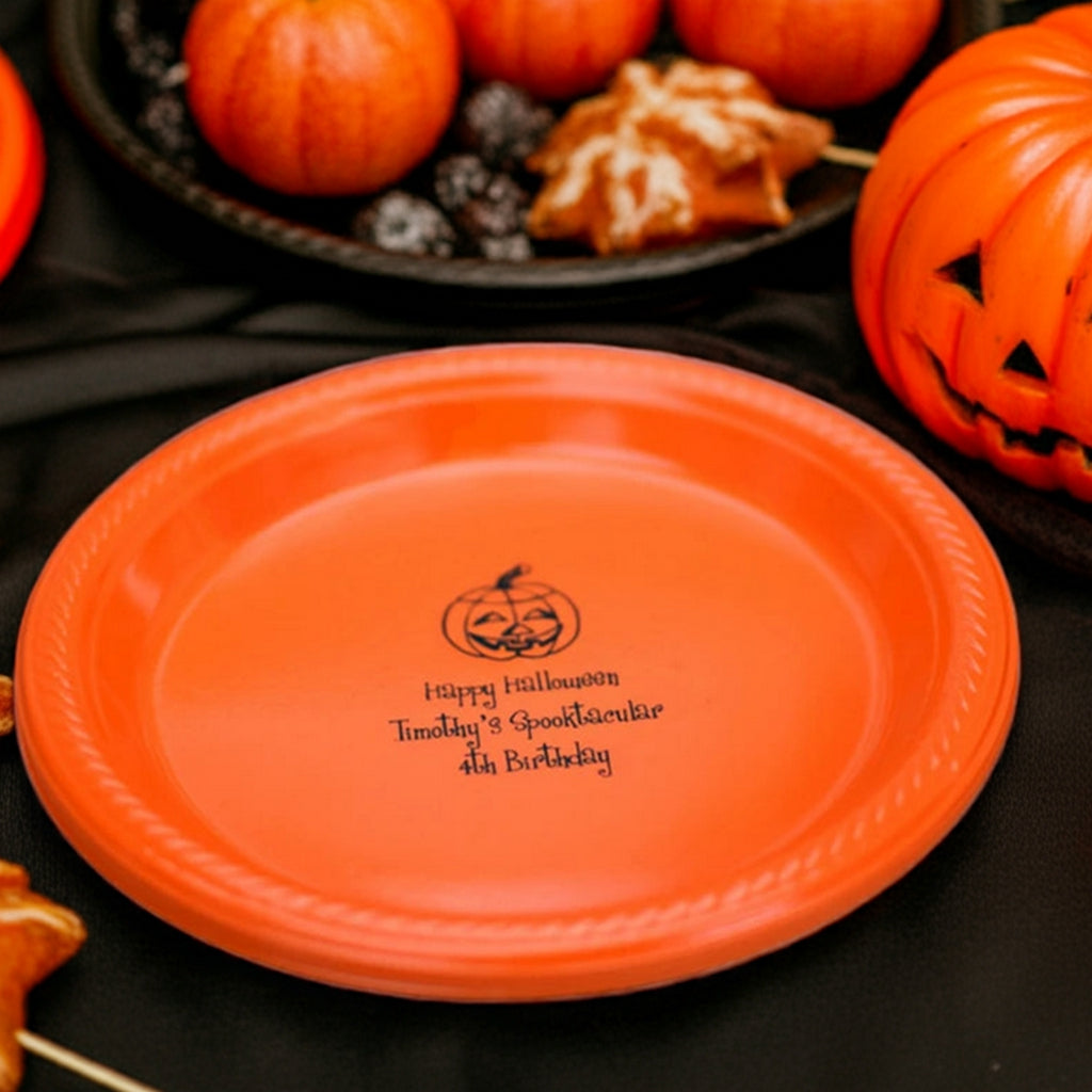 Tippytoad personalized plastic Halloween appetizer and dessert plates orange plate with black pumpkin print and custom party text
