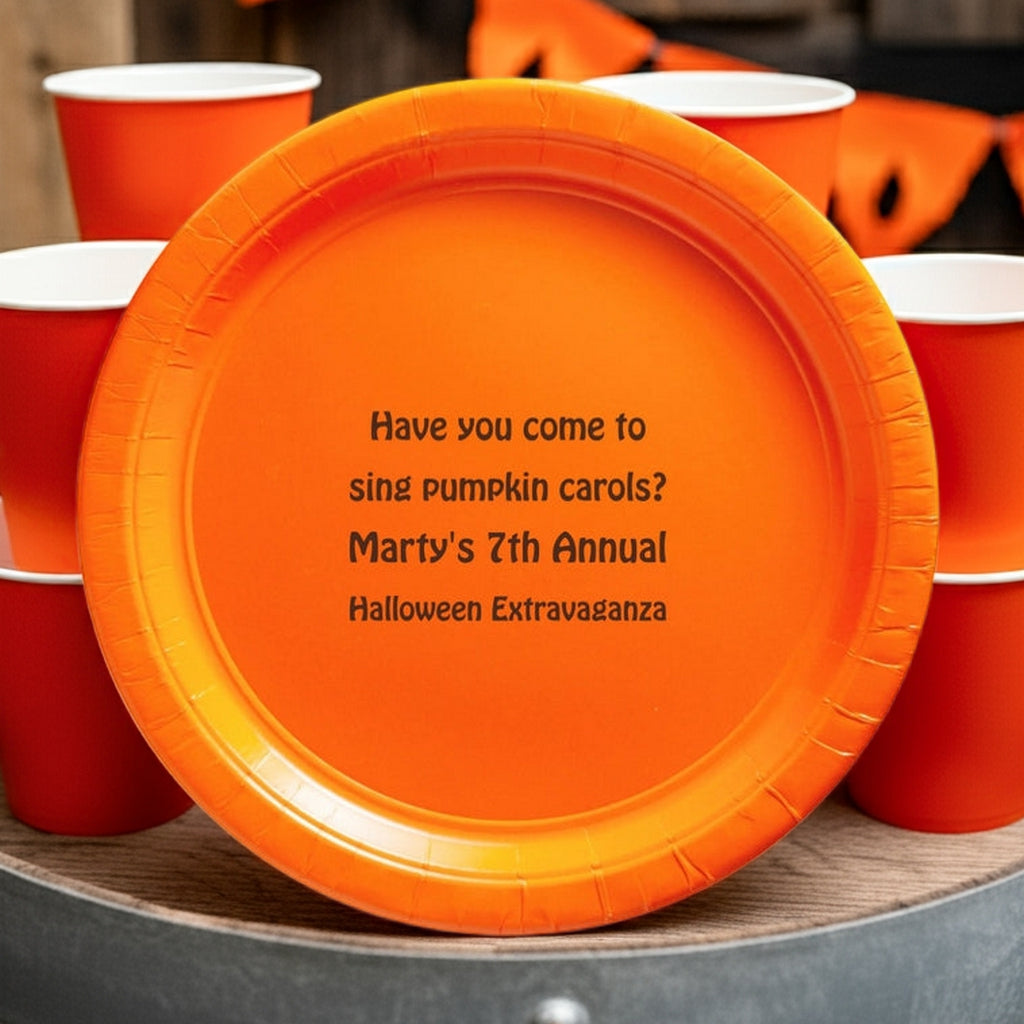 Tippytoad custom printed paper Halloween dinner plates orange plate with black personalized party text and matching cups