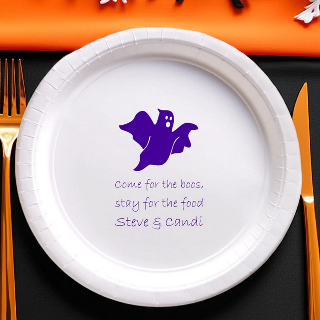 White paper plate with purple ghost and personalized text on black setting custom printed paper Halloween dinner plates