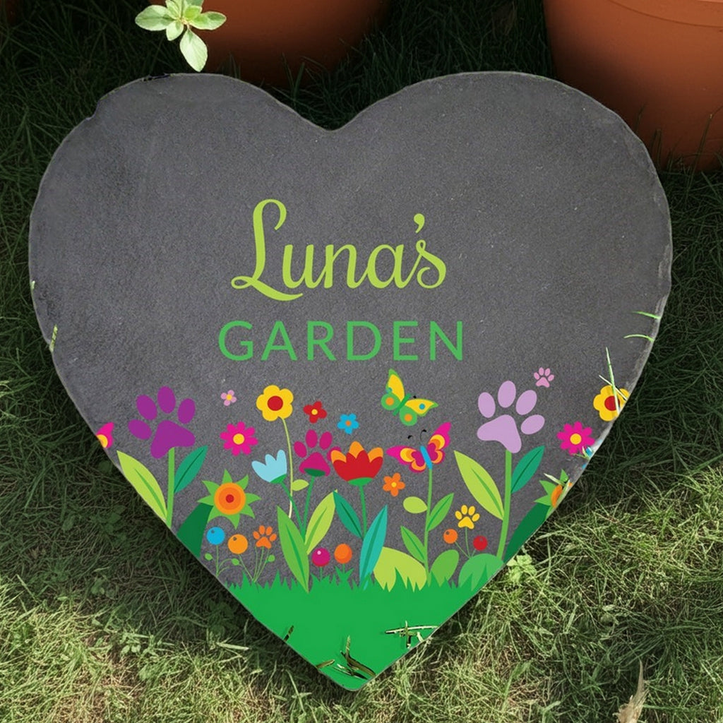 Personalized heart slate pet memorial garden stone with colorful flowers and Luna's Garden text