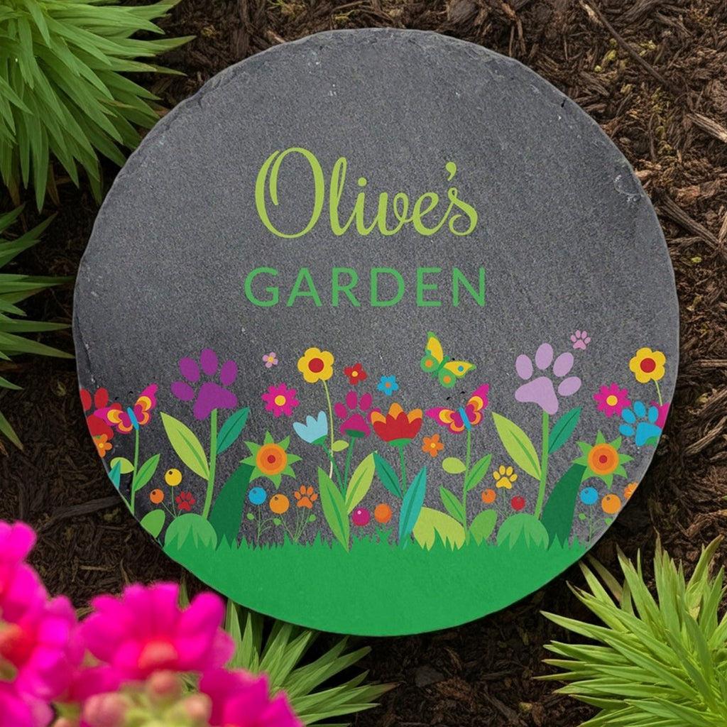 Personalized pet memorial garden stone with colorful flowers and paw prints design