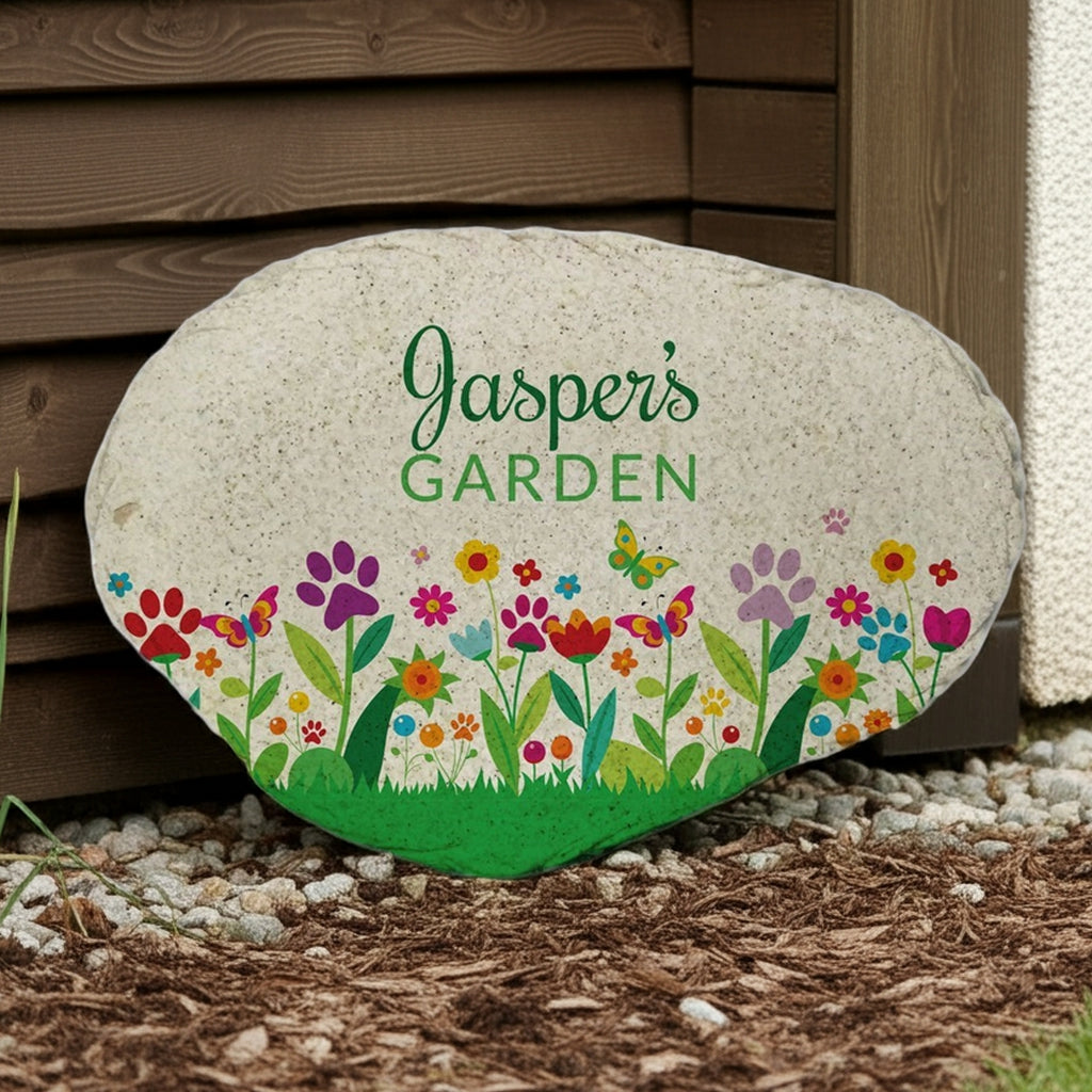 Paw print flowers personalized pet memorial garden stone with colorful flower and paw print design
