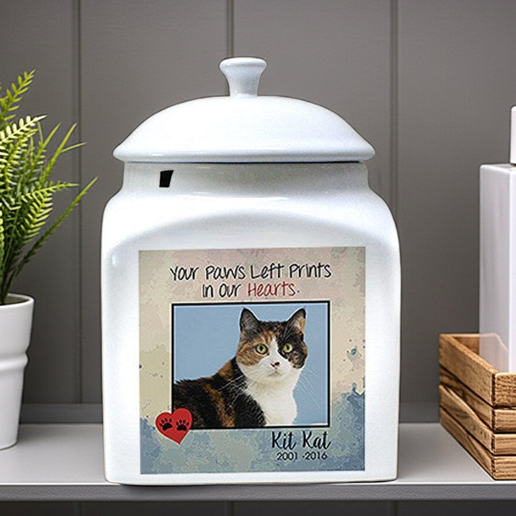 Paw Prints In Our Hearts Personalized Photo Cat Urn