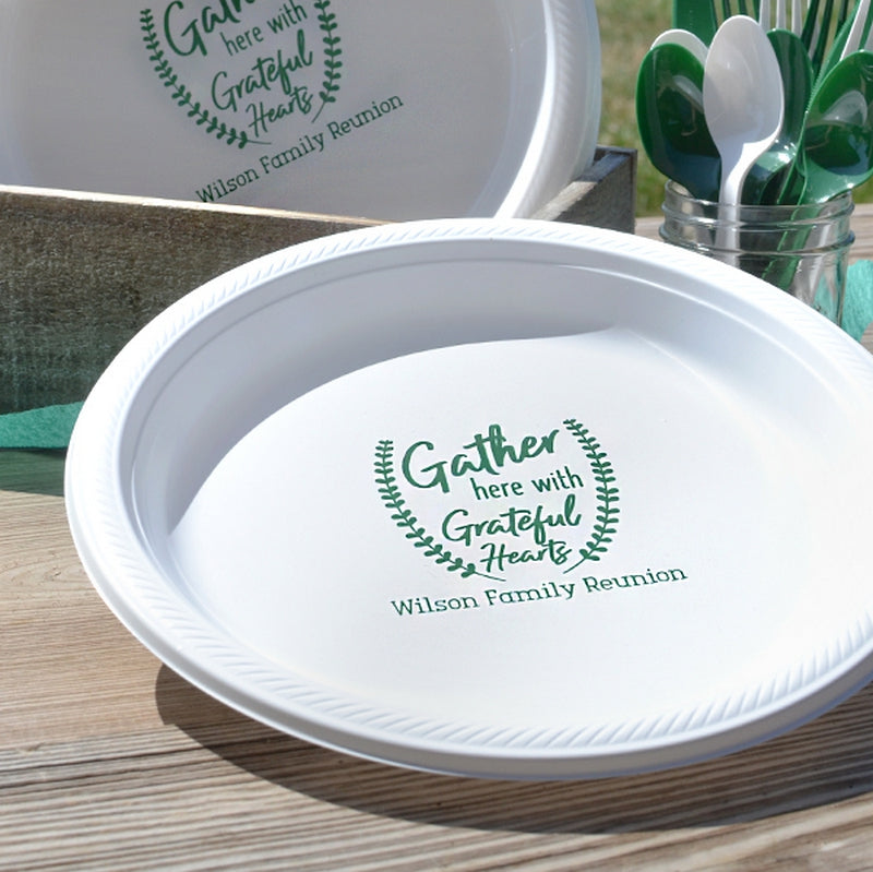 Personalized 10 in plastic family reunion dinner plates with green Gather here with Grateful Hearts design