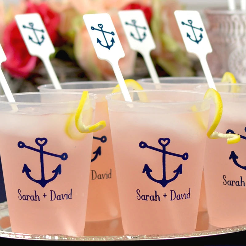 12 Oz Personalized Reusable Frosted Wedding Cups with anchor design and custom names Sarah and David
