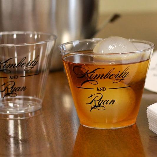 9 Oz Personalized Plastic Wedding Whiskey Squat Cups with Kimberly and Ryan names printed