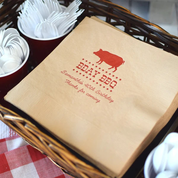 Sand color dinner napkins custom printed for adult birthday barbeque